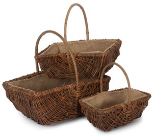 Set of 3 Rectangular Unpeeled Willow Garden Trug With Hessian Lining 