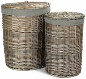 Set of 2 Antique Wash Round Laundry Basket With Grey Sage Lining