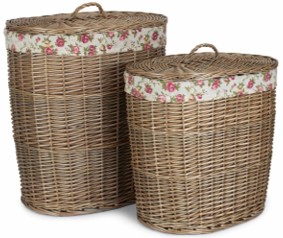 Set of 2 Antique Wash Oval Laundry Basket With Garden Rose Lining 