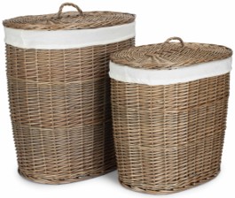 Set of 2 Antique Wash Oval Laundry Basket With White Lining 
