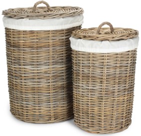 Set of 2 Round Rattan Laundry Hamper Basket With White Lining 