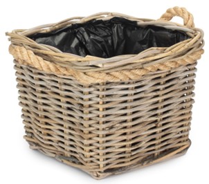 Small Square Tapered Rope Handled Rattan Planter With Plastic Lining