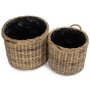 Set of 2 Rope Handled Rattan Round Planter With Plastic Lining 
